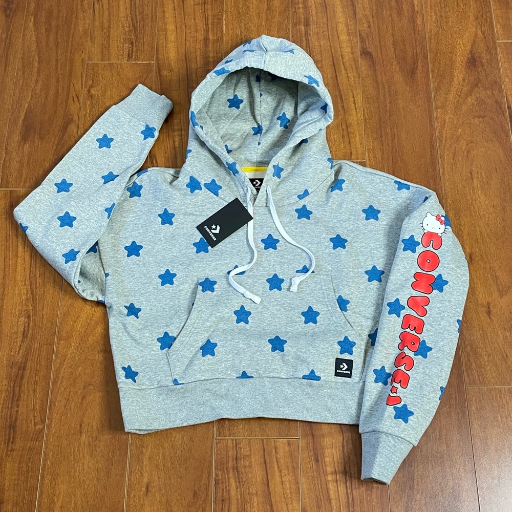 New CONVERSE X HELLO KITTY Long Sleeve Star Cropped Hoodie Sweatshirt L - Picture 3 of 12